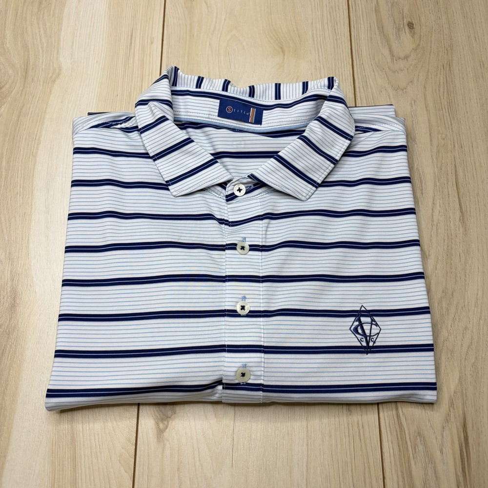 Stitch Golf Men's Performance Polo Shirt Striped White Blue Size XL Stretch